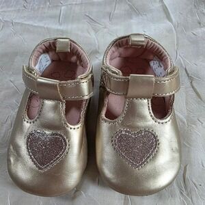 Surprize Stride Rite Corinne Gold Metallic Glitter Heart Mary Jane Shoes 4 12M
